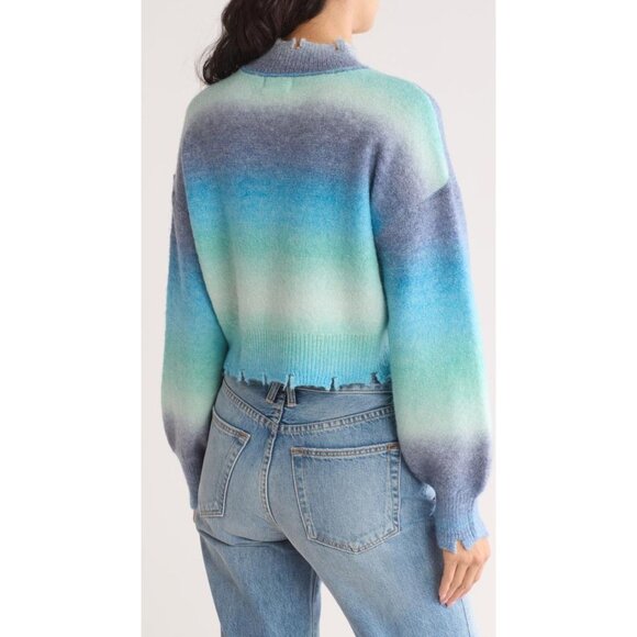 🩵 NYC Knits Blue Teal Ombre Distressed Mock Neck Cropped Sweater Size Large - Picture 2 of 12